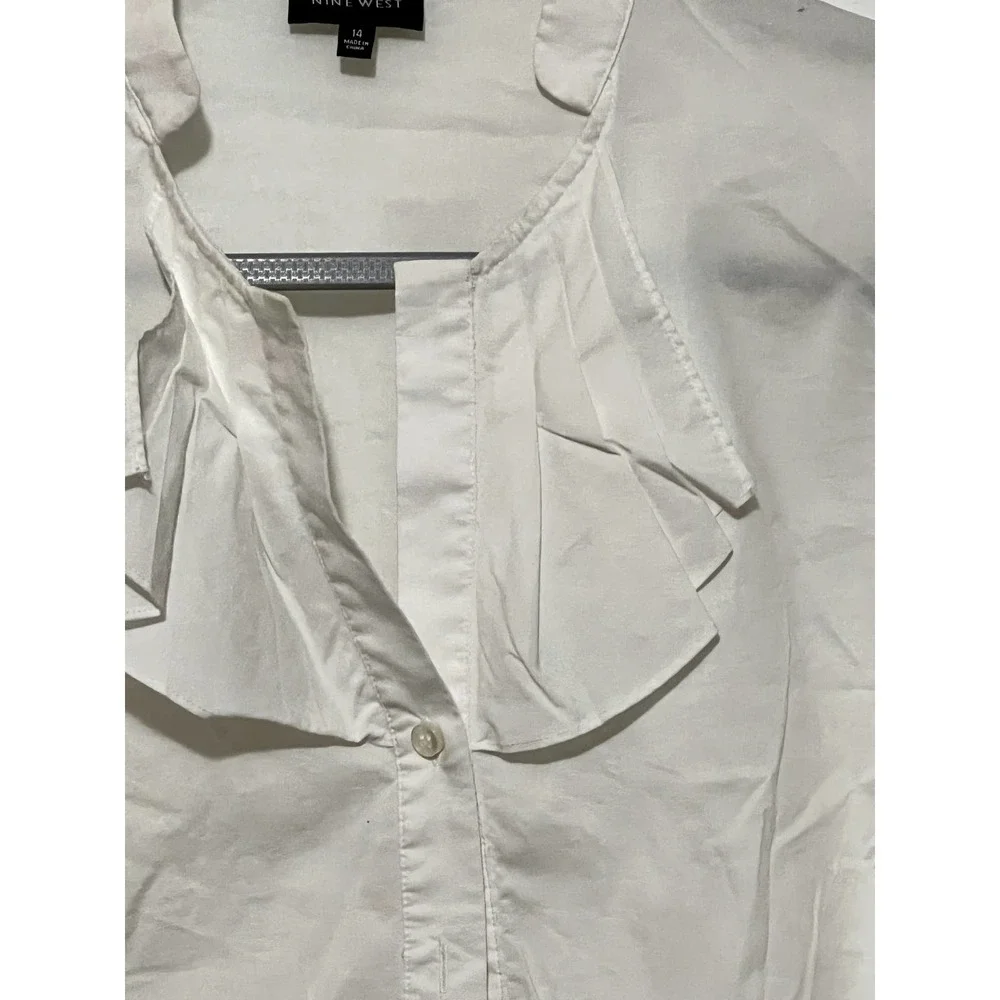 Nine West Button Down Ruffle Cotton Long Sleeve Top Blouse NWOT Size 14 - Picture 2 of 8